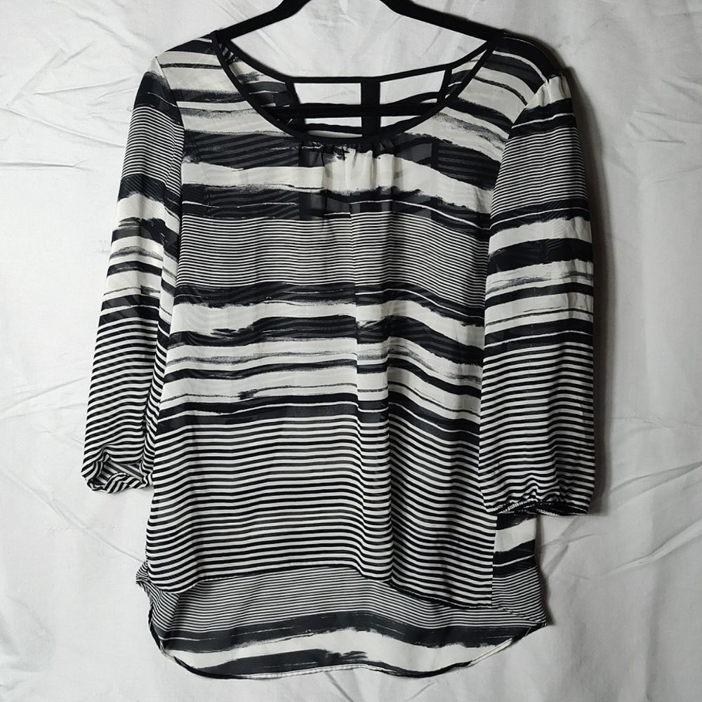 BCX Women’s Sheer Flowy Top, Black White Striped, Size XL